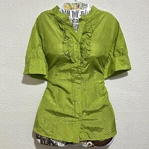 Apt 9 Y2K Office Siren Green Ruffle Short Sleeve Dot Pattern Button Up Blouse